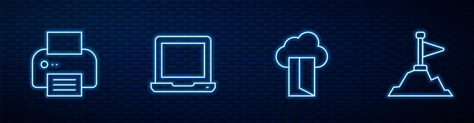 Set line Cloud database, Printer, Laptop and Mountains with flag on. Glowing  Stock Illustration