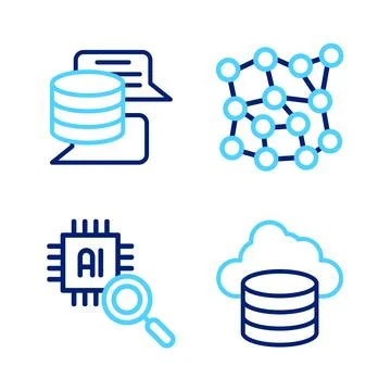 Set line Cloud database, Processor CPU, Neural network and Server, Data ico.. Stock Illustration