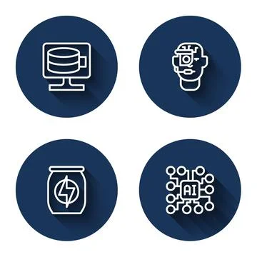 Set line Cloud database, Smart glasses on spectacles, Energy drink and Neural Stock Illustration