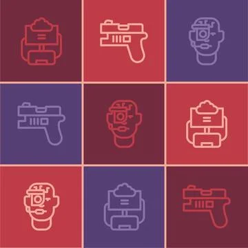 Set line Cloud database, Smart glasses on spectacles and Futuristic weapon icon Stock Illustration