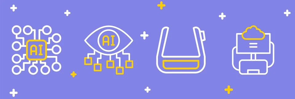 Set line Cloud database, Smart glasses on spectacles, Computer vision and N.. 스톡 일러스트