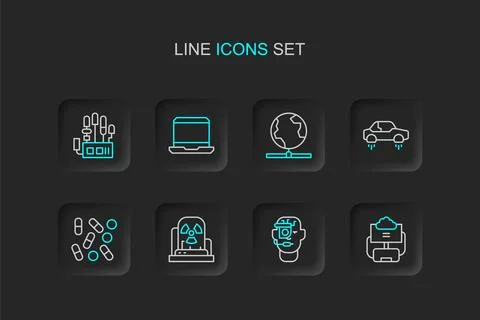 Set line Cloud database, Smart glasses on spectacles, Radioactive warning l.. Stock Illustration