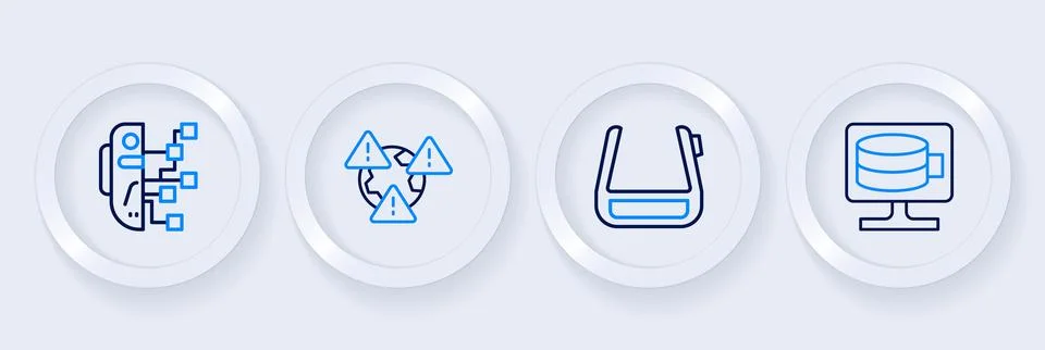 Set line Cloud database, Smart glasses on spectacles, Earth with exclamatio.. Stock Illustration