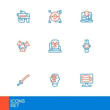 Set line Cloud database Smart glasses on spectacles Katana Wrist watch Earth  Stock Illustration