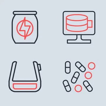 Set line Cloud database, Smart glasses on spectacles, Medical pill biohacki.. Stock Illustration