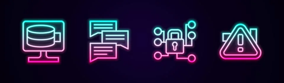 Set line Cloud database, Speech bubble chat, Cyber security and Exclamation mark 스톡 일러스트