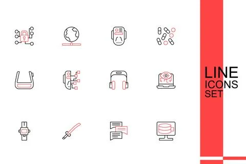 Set line Cloud database, Speech bubble chat, Katana, Wrist watch, Computer .. Stock Illustration