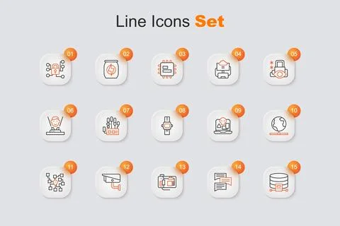 Set line Cloud database, Speech bubble chat, Motherboard, Security camera, .. Illustrazione stock