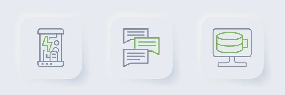 Set line Cloud database, Speech bubble chat and Cryogenic capsules icon. Vect 스톡 일러스트
