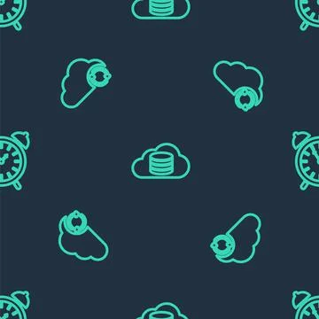 Set line Cloud database, sync refresh and Alarm clock on seamless pattern Stock Illustration
