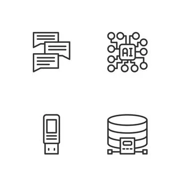Set line Cloud database, USB flash drive, Speech bubble chat and Neural network Stock Illustration