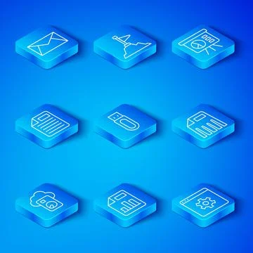 Set line Cloud database, USB flash drive, Document with graph chart, Paper Stock Illustration