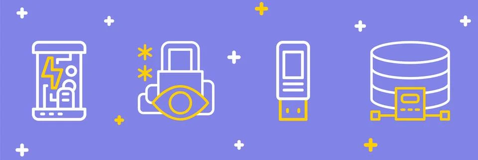 Set line Cloud database, USB flash drive, Cyber security and Cryogenic caps.. Stock Illustration