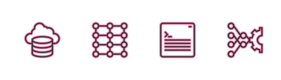Set line Cloud database, Web developer programming code, Neural network and icon Stock Illustration