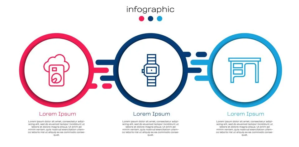 Set line Cloud database, Wrist watch and Office desk. Business infographic Stock Illustration