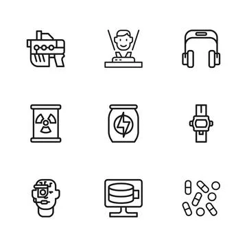 Set line Cloud database, Wrist watch, Medical pill biohacking, Energy drink.. Stock-Illustration