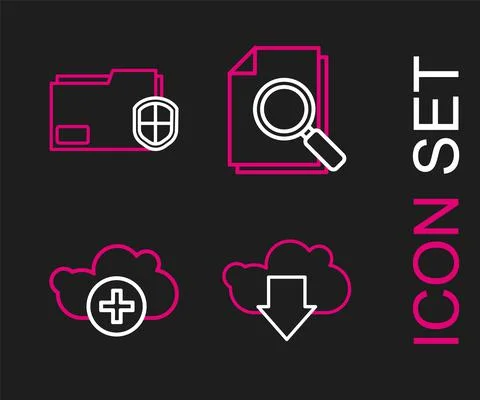 Set line Cloud download, Add cloud, Document with search and folder protection 스톡 일러스트
