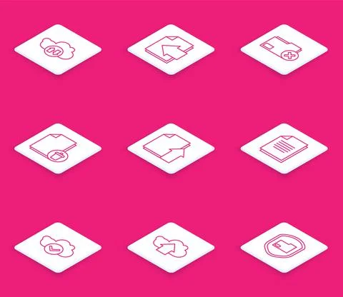 Set line Cloud download and upload, Next page arrow, Delete folder, file Stock Illustration
