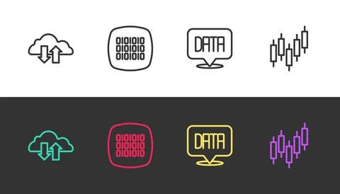 Set line Cloud download and upload, Binary code, Data analysis and Browser with Stock Illustration