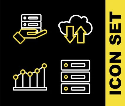 Set line Cloud download and upload, Server, Data, Web Hosting, Pie chart info Illustrazione stock