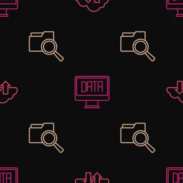 Set line Cloud download and upload, Search with folder and Data analysis on Stock Illustration