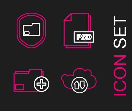 Set line Cloud download and upload, Add new folder, PSD file document and Illustrazione stock