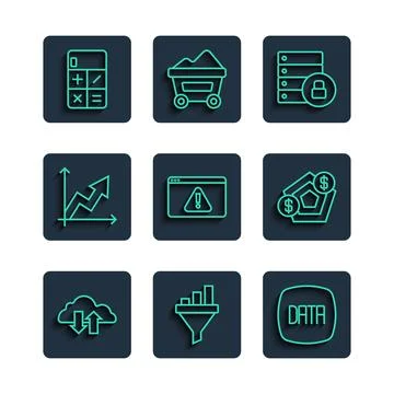 Set line Cloud download and upload, Sales funnel with chart, Data analysis Illustrazione stock