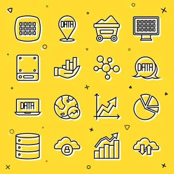 Set line Cloud download and upload, Pie chart infographic, Data analysis, Coal Stock Illustration