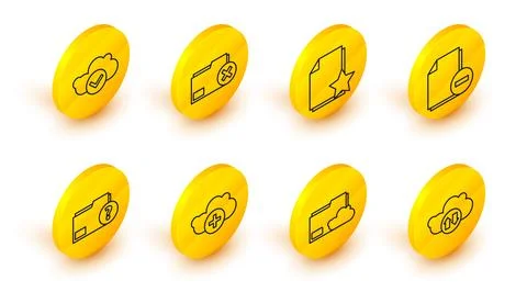 Set line Cloud download and upload, storage text document folder, Add cloud.. Illustrazione stock