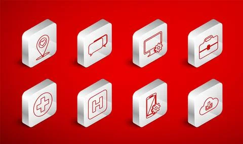 Set line Cloud download, Chat, Computer monitor and gear, Toolbox, Setting Illustrazione stock