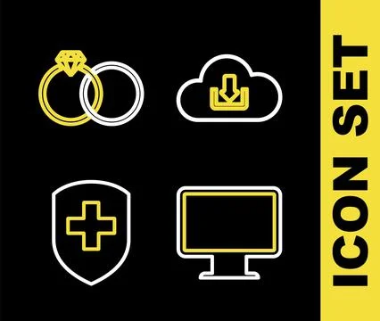 Set line Cloud download, Computer monitor screen, Medical shield with cross and Stock Illustration