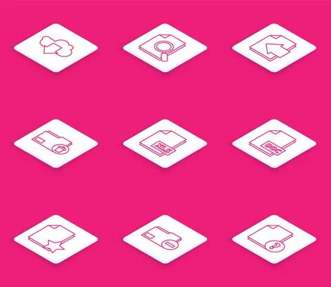 Set line Cloud download, Document with search, Next page arrow, Delete folder Stock Illustration