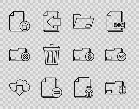 Set line Cloud download, Document folder protection, with minus, Delete file Stock Illustration