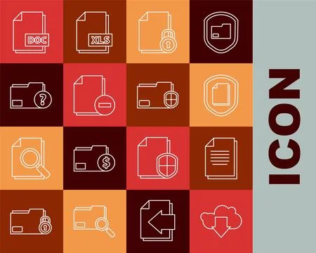 Set line Cloud download, Document, protection concept, and lock, with minus.. Stock Illustration