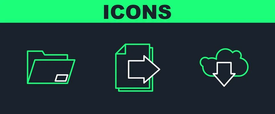 Set line Cloud download, Document folder and Next page arrow icon. Vector Stock Illustration