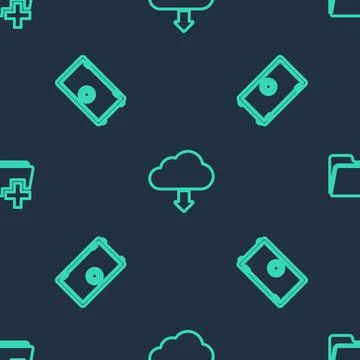 Set line Cloud download, Safe and Add new folder on seamless pattern. Vector Illustrazione stock
