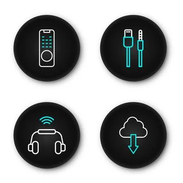 Set line Cloud download, Smart headphones system, USB cable cord and Remote.. Stock Illustration