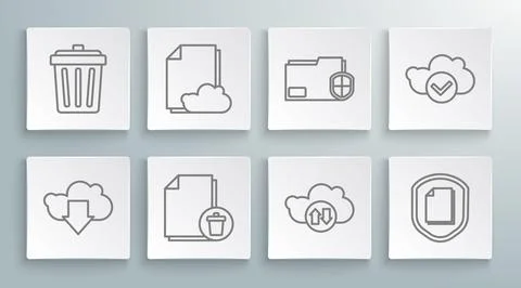 Set line Cloud download, storage text document, Delete file, and upload, Docu Stock Illustration