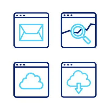 Set line Cloud download, technology data transfer, Website with stocks market Stock Illustration