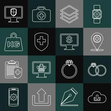 Set line Cloud download, Wedding rings, Medical location with cross, Layers Illustrazione stock