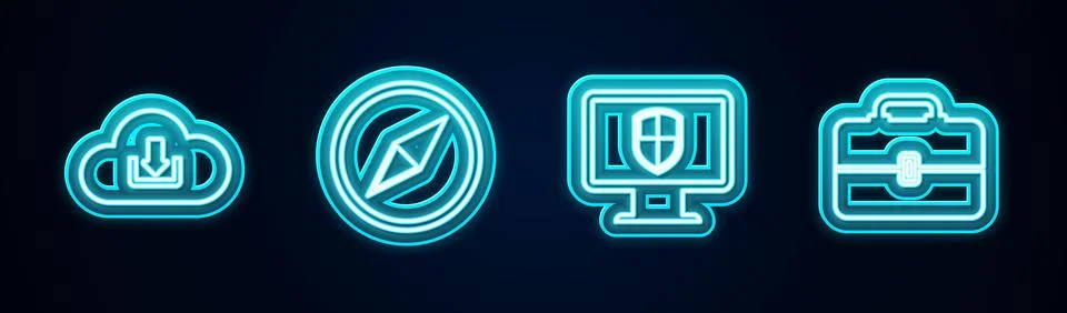 Set line Cloud download, Wind rose, Monitor and shield and Toolbox. Glowing n Stock Illustration