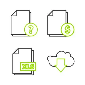 Set line Cloud download, XLS file document, Finance and Unknown icon. Vector Stock Illustration