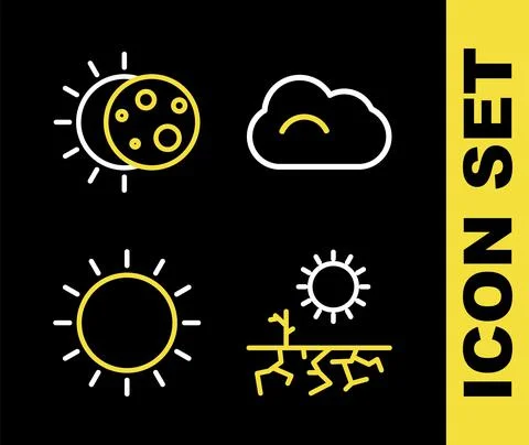 Set line Cloud, Drought, Sun and Eclipse of the sun icon. Vector Stock Illustration