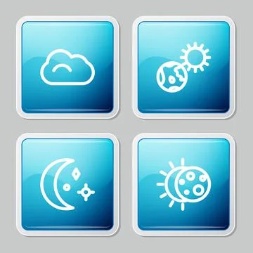 Set line Cloud, Earth globe and sun, Moon stars and Eclipse of the icon. Vector Ilustração Stock