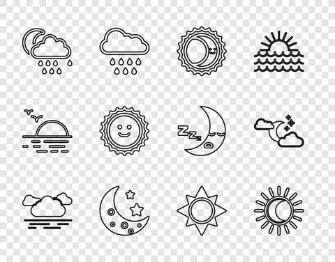 Set line Cloud, Eclipse of the sun, Moon and stars, with rain moon, Sun, and Ilustração Stock