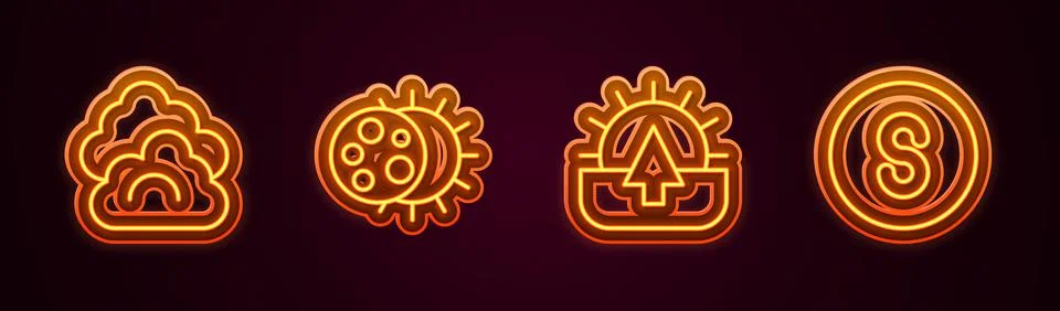 Set line Cloud, Eclipse of the sun, Sunrise and Compass south. Glowing neon icon Stock Illustration