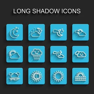 Set line Cloud, Eclipse of the sun, Moon and stars, Sun, Sunset, with rain,   Ilustração Stock