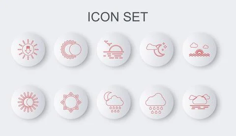 Set line Cloud, Eclipse of the sun, Sunset, with rain,  and and moon icon. Ve Ilustração Stock