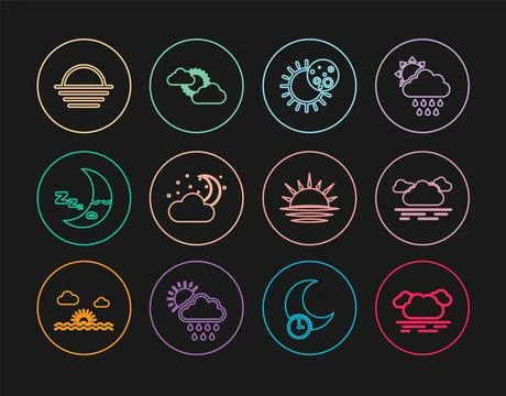 Set line Cloud, Eclipse of the sun, with moon and stars, Moon icon, Sunset,.. Ilustração Stock