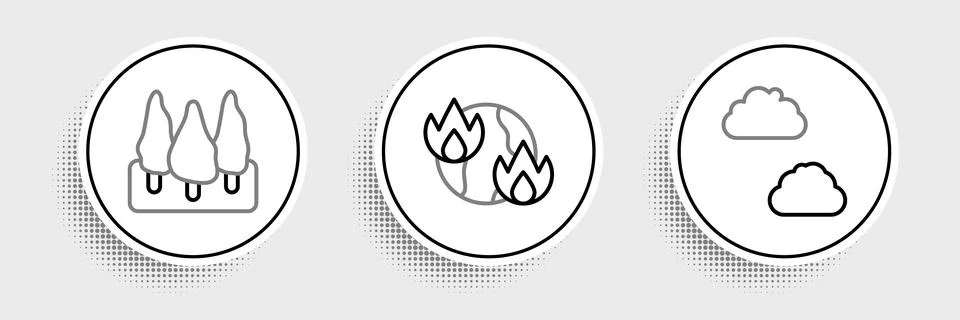 Set line Cloud, Forest and Global warming fire icon. Vector Stock Illustration